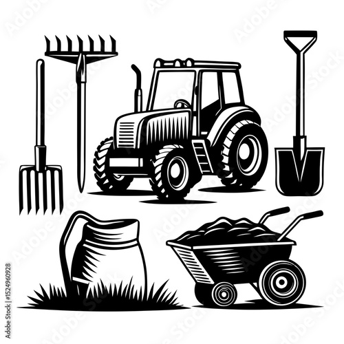 Farm tractor with gardening tools illustration