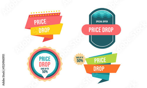 Price Drop: Promotional Sale and Discount Labels. A vibrant collection of "Price Drop" tags and badges in various designs, featuring "Special Offer" and discount percentages