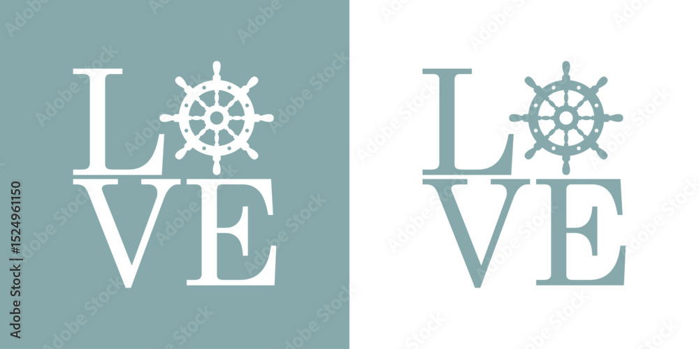 Logo nautical. Letras palabra Love en texto manuscrito con silueta de volante de timón de barco en lugar de letra o