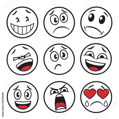 Nine diverse cartoon emoticons showing various emotions