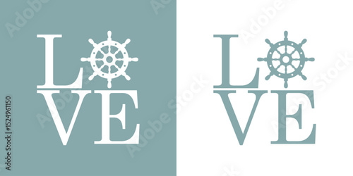 Logo nautical. Letras palabra Love en texto manuscrito con silueta de volante de timón de barco en lugar de letra o