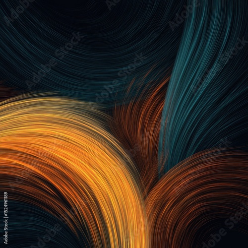 Abstract swirls of orange, teal, and brown hues create a dynamic, textured composition