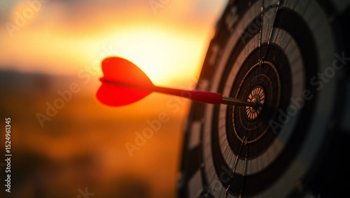 Achieving Success A Red Dart Striking the Bullseye at Sunset