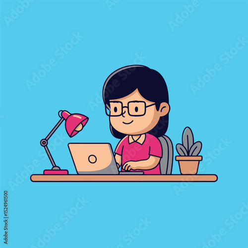 Cute Cartoon Woman Working on Laptop at Desk