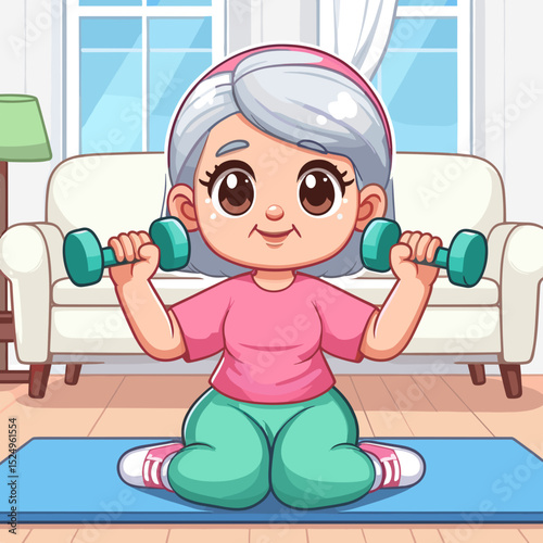 Elderly woman lifting dumbbell smiling