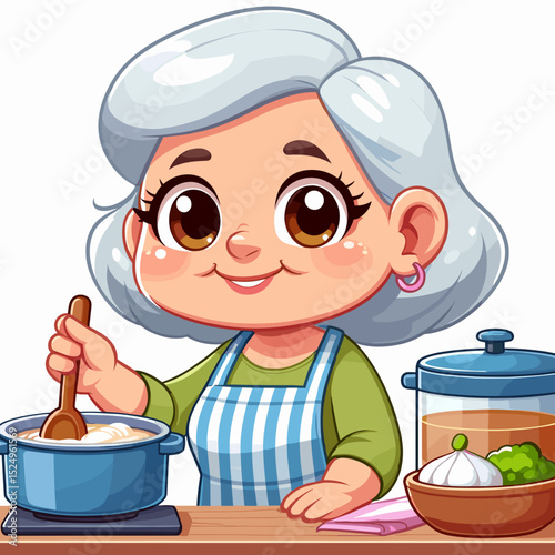 Elderly woman cooking healthy meal in kitchen
