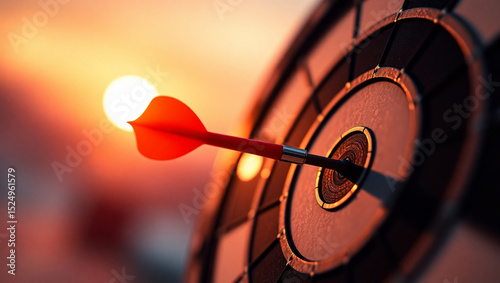 Achieving Success Dart Hitting Bullseye at Sunset