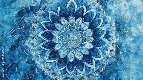 Intricate blue mandala pattern with detailed symmetrical floral design and abstract watercolor background, vibrant artistic, decorative kaleidoscope art