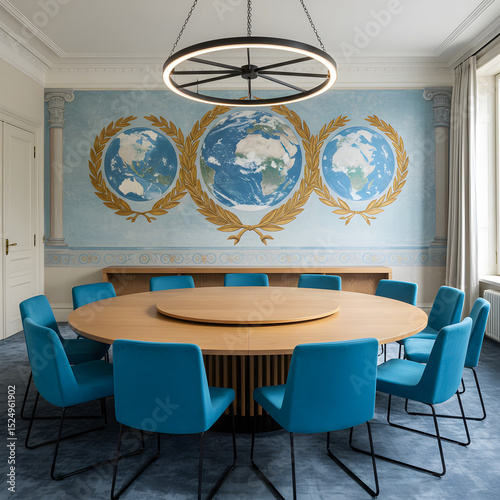 Global Conference Room: Elegant Interior Design with World Map Mural