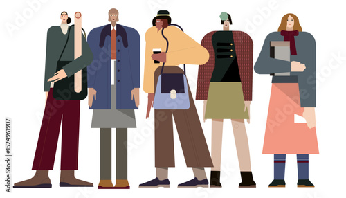Education concept. A group of diverse modern students or classmates standing together. Portrait of happy young people isolated on white background.