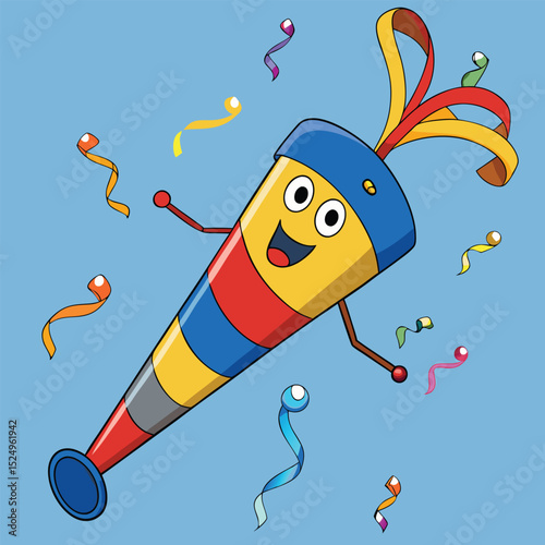 A whimsical cartoon party favor character with confetti celebrating a festive event