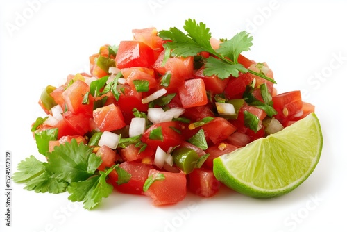 Fresh and vibrant pico de gallo salsa with diced tomatoes, onions, cilantro, jalapenos, and wedges of lime set against a clean white background