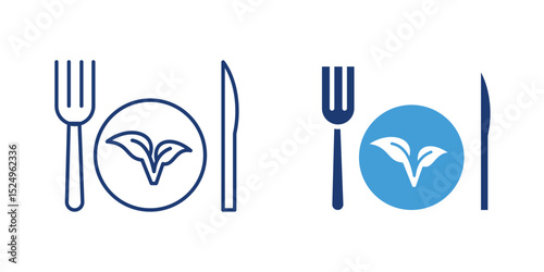Icon of a plate with leaf and utensils, representing plant-based or vegan meals.