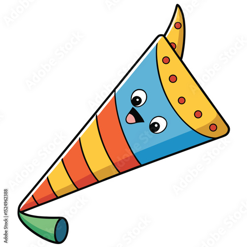 Adorable cartoon party blower with smiling face in bright colorful design