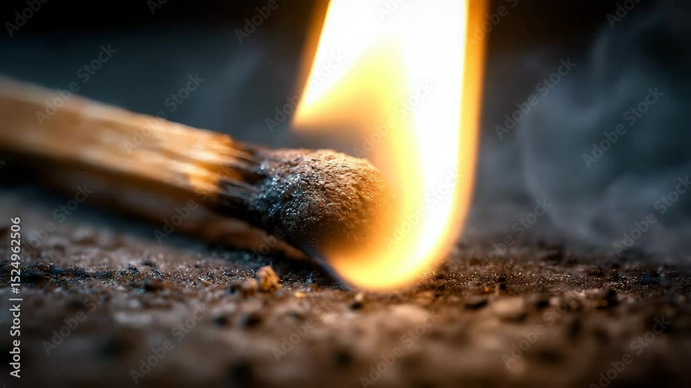Macro of matchstick igniting with sparks and smoke under controlled low ...
