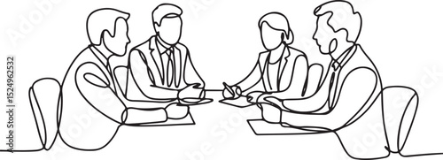Continuous single line illustration of a business meeting with four people in a professional office discussion setting

