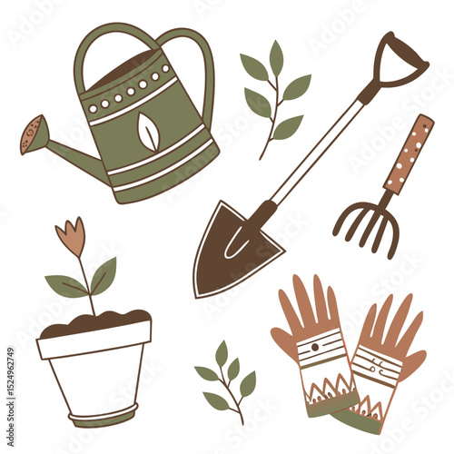 Gardening tools and plants illustration