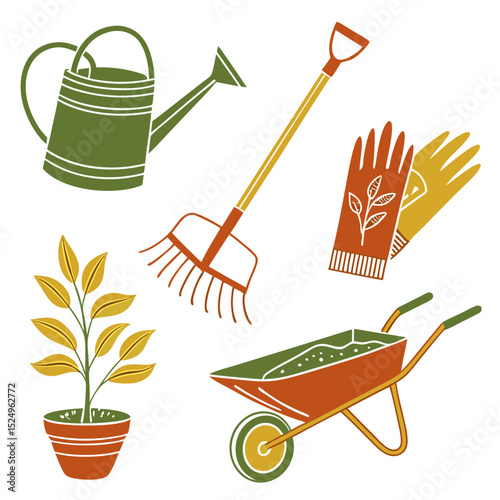 Gardening tools and plant illustration
