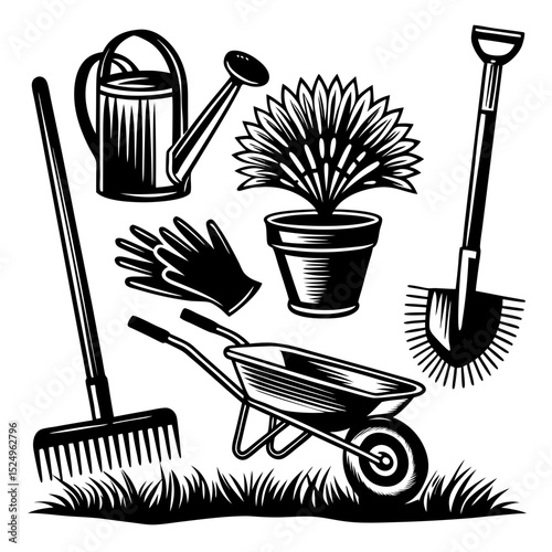 Gardening tools and plant illustration