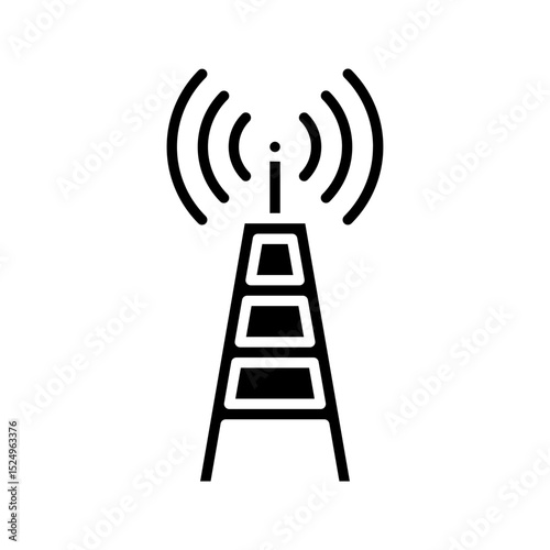 A modern, bold black glyph communication tower icon with signal waves. Represents signal broadcasting, network, and wireless connectivity. Ideal for telecom apps/infrastructure.
