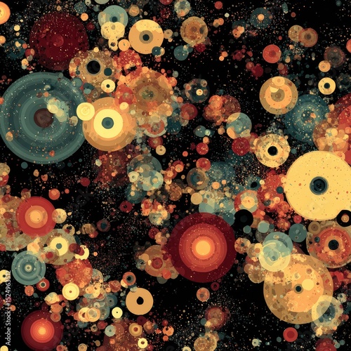 Abstract artwork featuring colorful concentric circles on a dark background