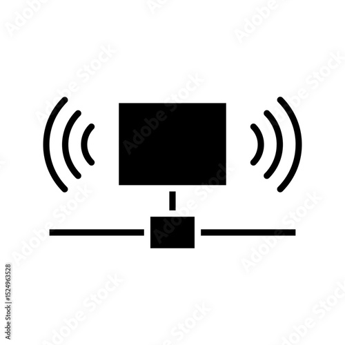 A modern, bold black glyph LAN network icon with signal waves. Represents local area networks, wired/wireless connectivity, and data sharing. Ideal for IT/tech apps.