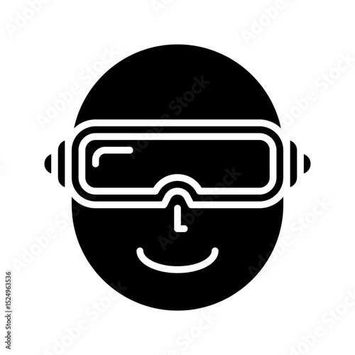 A modern, bold black glyph man using VR headset icon. Represents virtual reality, metaverse, and immersive technology. Ideal for VR apps and tech experiences.