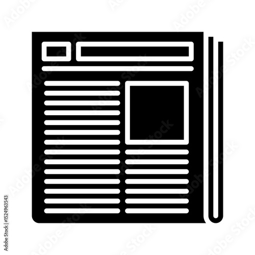 A modern, bold black glyph newspaper icon. Represents news, information, media, and current events. Ideal for news apps, blogs, and content platforms.