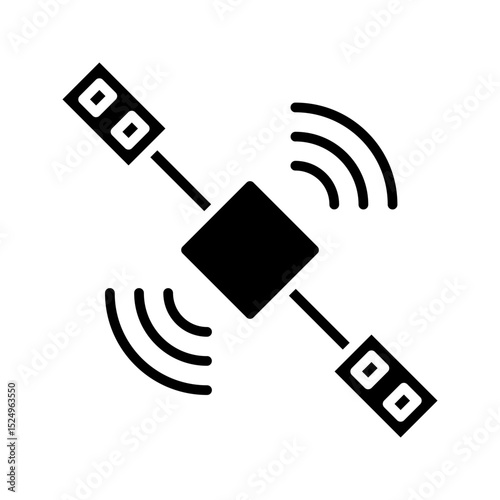 A modern, bold black glyph orbiting satellite icon. Represents global connectivity, space technology, and data transmission. Ideal for space/tech apps.