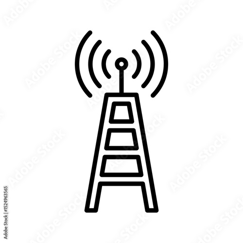 A modern, minimalist black outline communication tower icon with signal waves. Represents signal broadcasting, network, and wireless connectivity. Ideal for telecom apps and infrastructure.