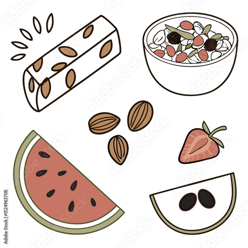 Healthy snack food illustration with fruits and nuts