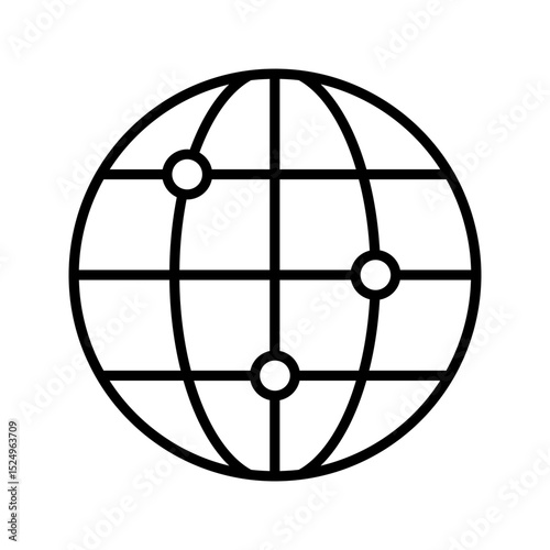 A modern, minimalist black outline global connection icon. Represents worldwide network, internet, and international communication. Ideal for tech/travel apps.