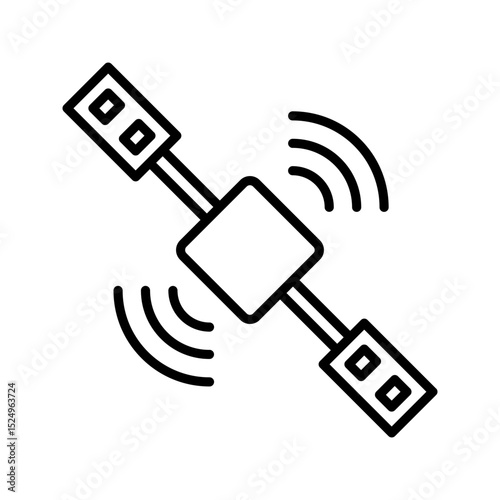 A modern, minimalist black outline orbiting satellite icon. Represents global connectivity, space technology, and data transmission. Ideal for space/tech apps.