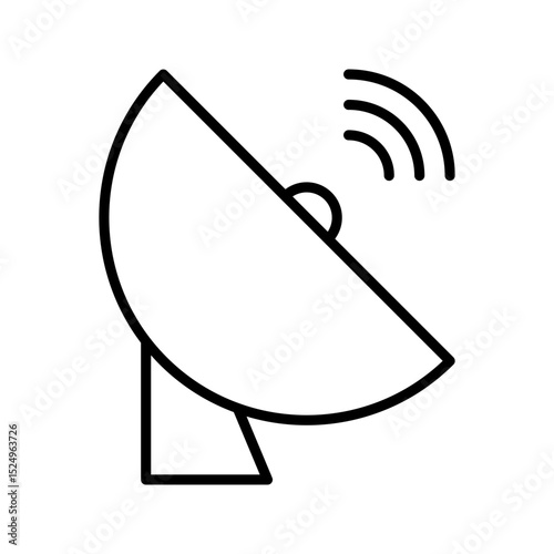 A modern, minimalist black outline satellite dish icon. Represents satellite communication, signal reception, and global connectivity. Ideal for telecom/media apps.