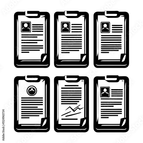 Six clipboards with various documents and profiles