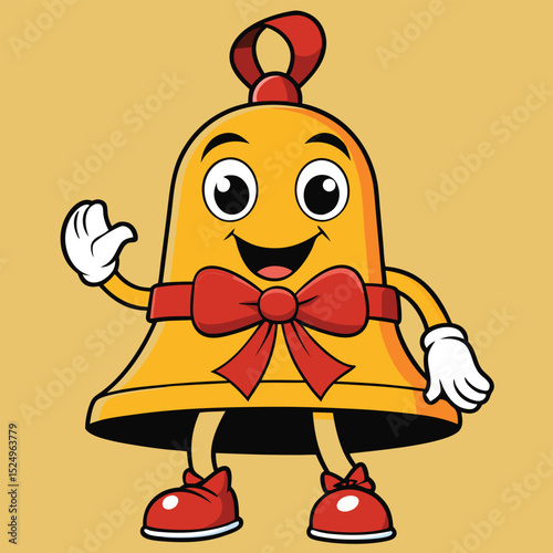 Cheerful cartoon christmas bell character with red bow smiling and waving hand on yellow background