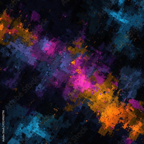 Abstract artwork with vibrant, diagonal brushstrokes in shades of purple, orange, and blue on a dark background