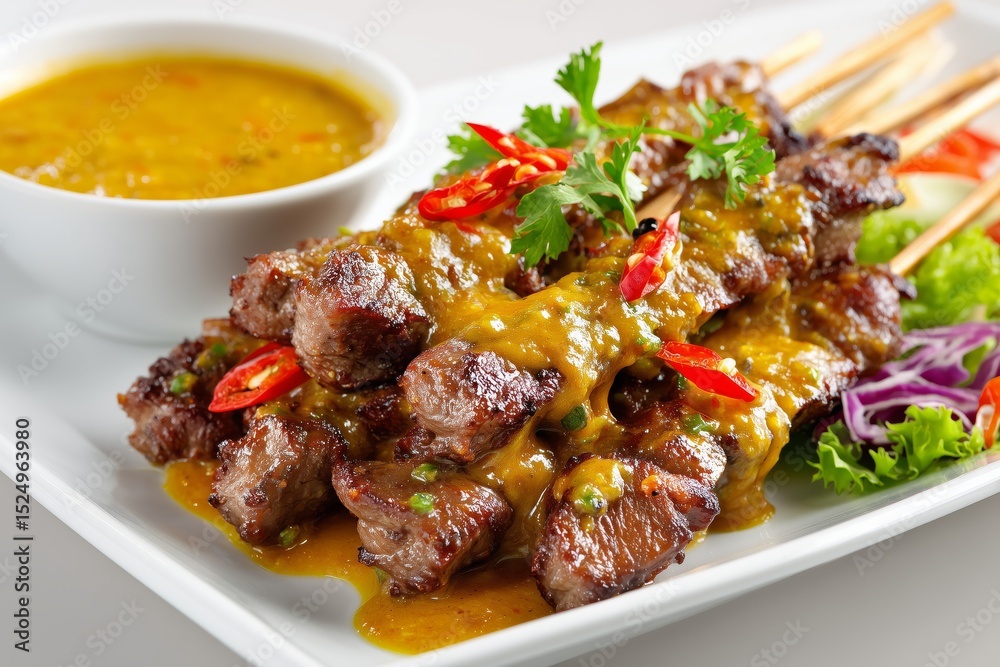 Sate Padang: Spicy beef satay served with thick yellow sauce and fresh vegetables on a clean white background Sate Padang: Spicy beef satay served with thick yellow sauce and fresh vegetables on a clean white background