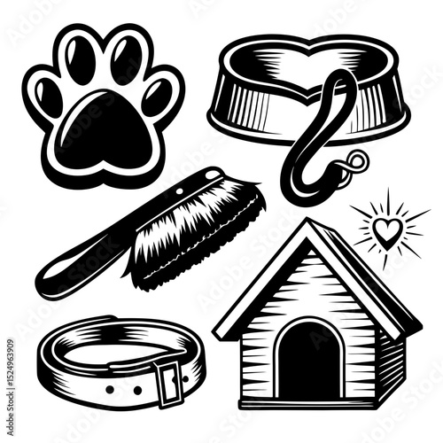 Dog owner essentials paw print brush collar food bowl and dog house