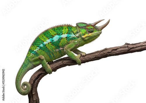 Close up of a Jackson chameleon perched on a branch, showing vibrant green skin and distinctive horns, isolated on transparent background. Exotic reptile.