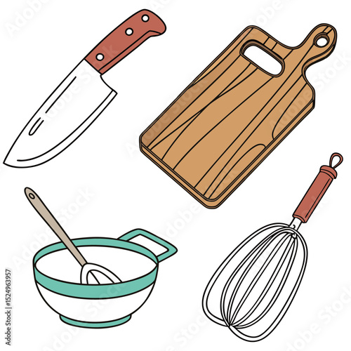 Kitchen utensils illustration set knife cutting board whisk bowl