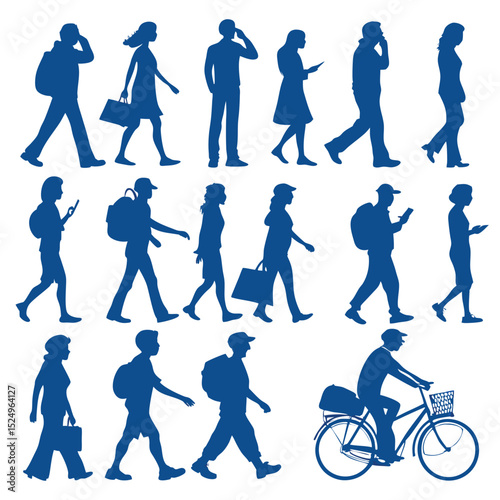 Vector silhouettes of people walking on the street, a collection of men, women, and children in various action poses, perfect for sport, dance, or fashion design