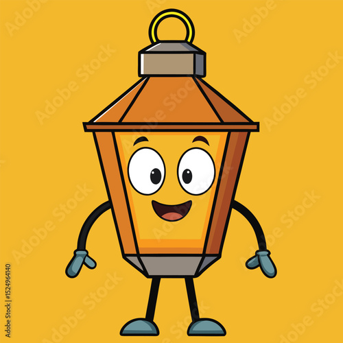 Cheerful cartoon lantern character smiling with arms and legs on a vibrant yellow background
