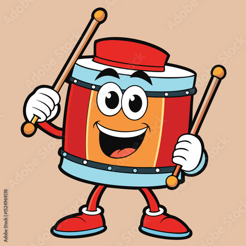 Cheerful cartoon drum character playing drumsticks with a happy and smiling expression