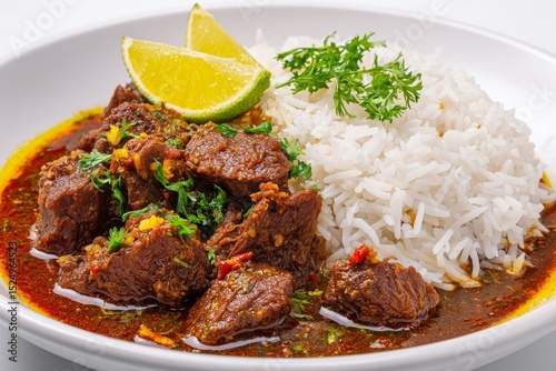 Delicious shatkora beef curry featuring tender meat and tangy shatkora citrus, served with fragrant rice for a flavorful meal experience photo