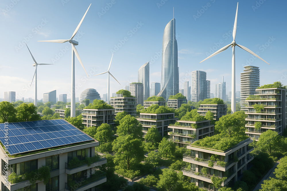 Fototapeta premium A vibrant illustration showcasing a sustainable city with wind turbines, solar panels, and green rooftops under a clear sky.