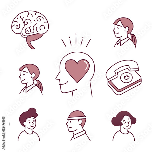 Mental health support icons brain heart people
