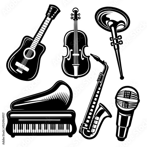 Black and white vintage musical instruments collection