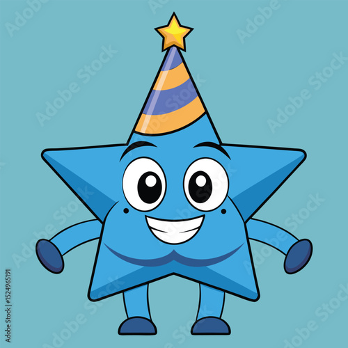 Cheerful cartoon star character wearing a party hat celebrating a birthday or special occasion