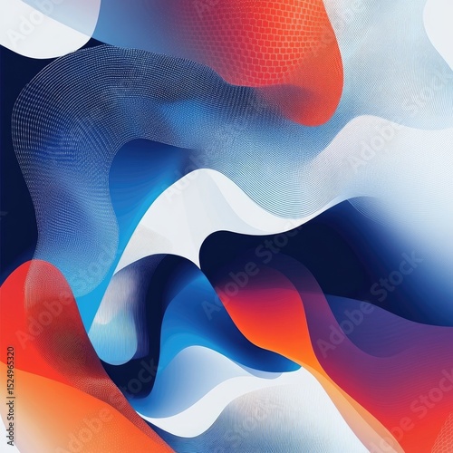 Abstract artwork with flowing, vibrant colors in shades of blue, white, and orange